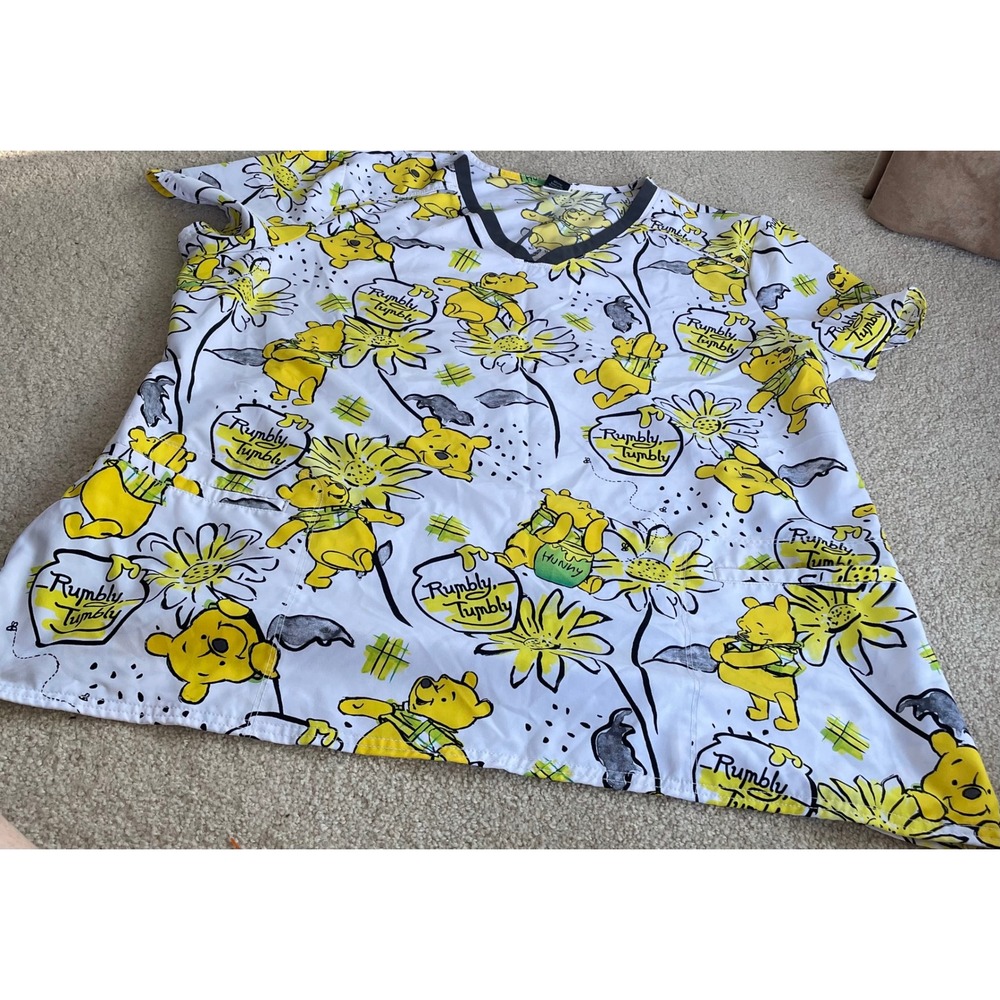 Disney Winnie the Pooh Scrub Top Womens 3XL V-Neck Rumbly Tumbly Sunflower White